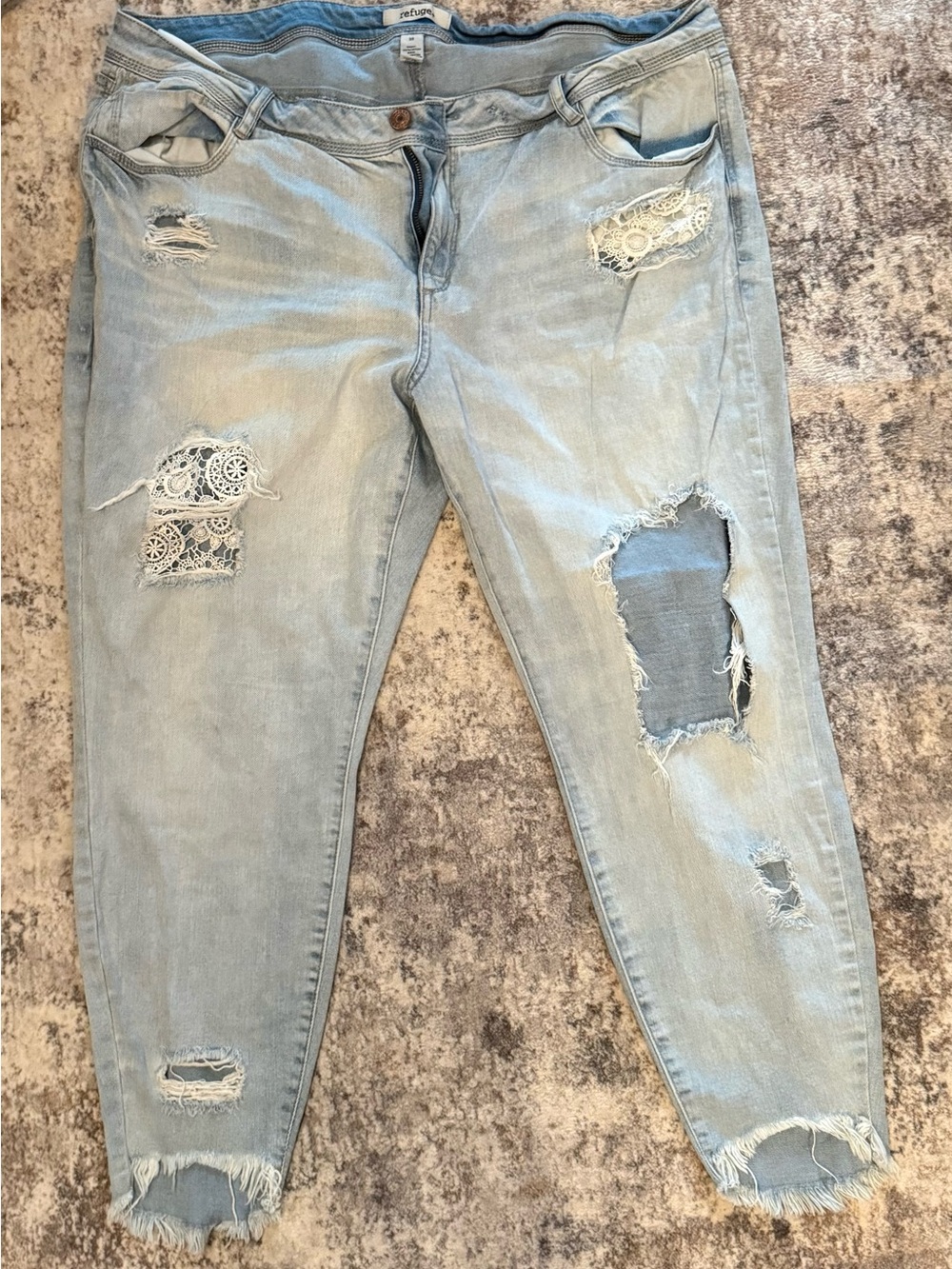 Light Blue Distressed Women’s Jeans with Lace Patches